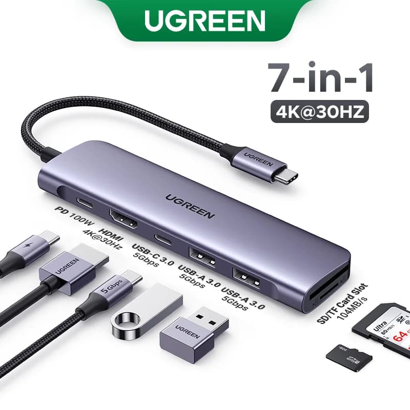 UGREEN USB C HUB Dock 7 in 1 4K HDMI 100W PD USB-C e 2 porte dati USB-A 5Gbps Lettore di schede SD/TF per laptop MacBook Pro/Air Dell