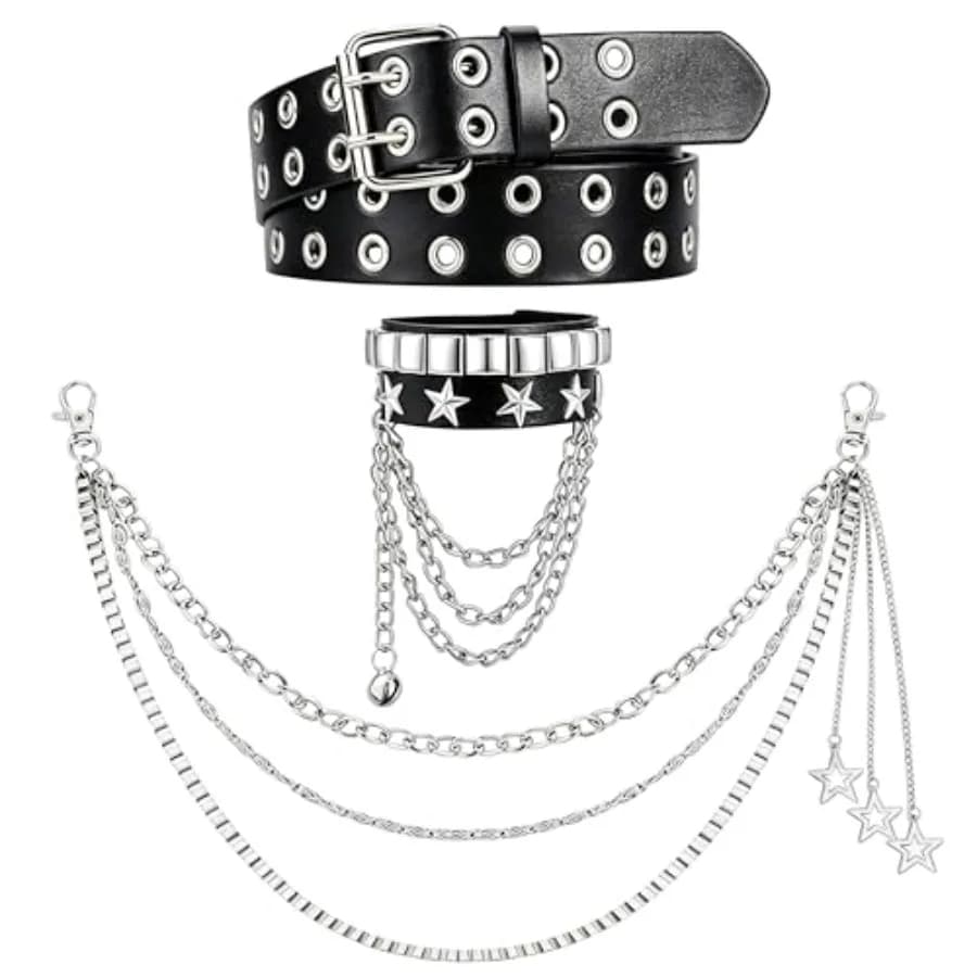 Studded Belt Set for Men Women, Emo Punk Belt with Bracelet and Pants Chain, Y2K Goth Grunge Jewelry Accessories