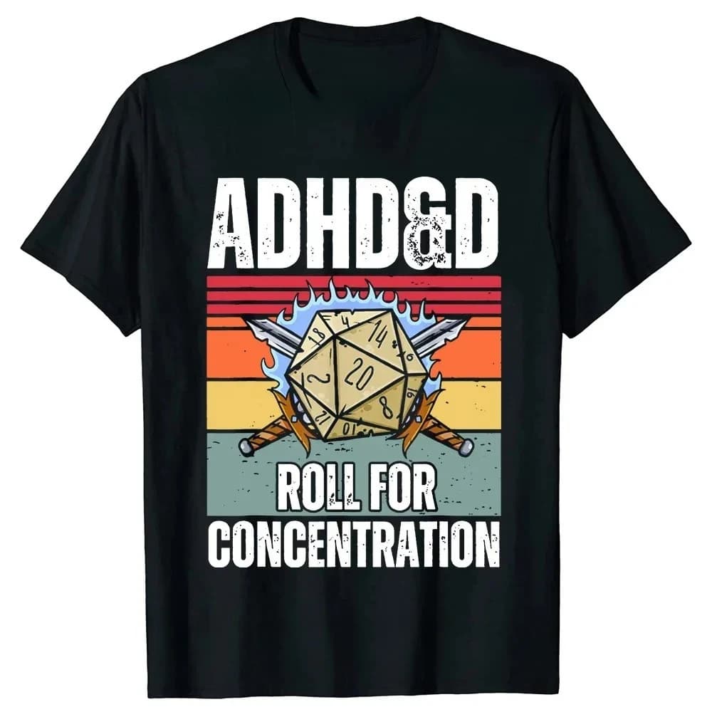 T-shirt Uomo Estiva Streetwear con Stampa Retro Vintage ADHD&D, Dadi RPG, Dragone, per Gamer e DM di Dungeons, con messaggio divertente sulle concentrazioni, Regalo