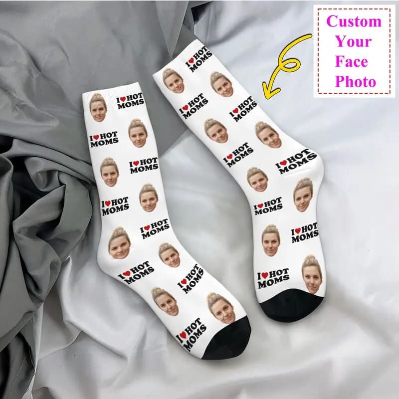 Kawaii I Love Hot Moms Men's Custom Socks Women's Socks Sports Basketball Socks with Custom 3D Printing for Face Photo