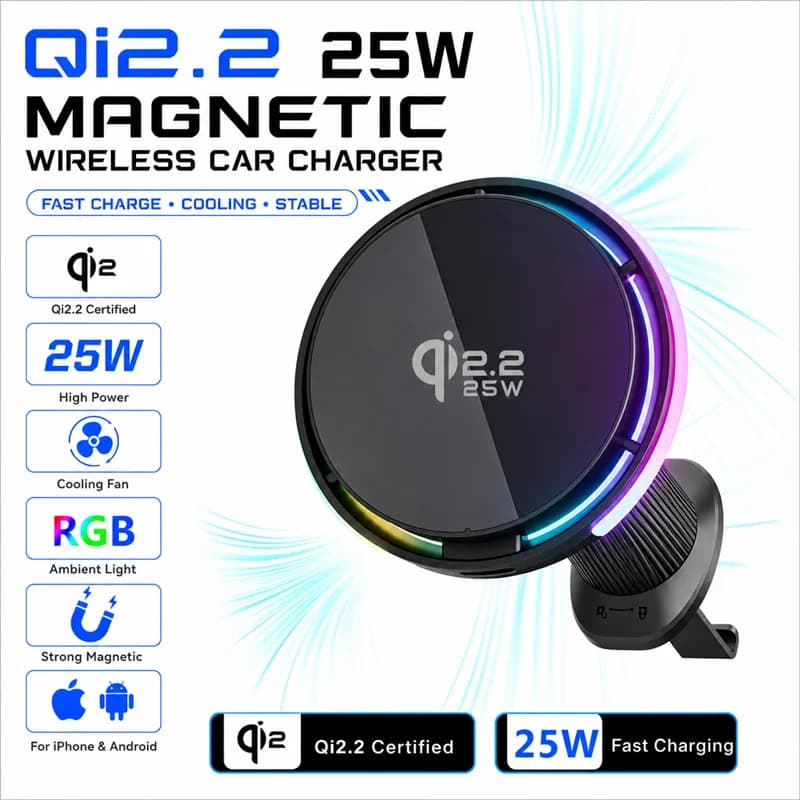 25W Qi2.2 Magnetic Fan‑Cooling Car Wireless Charger Mount RGB Ambient Light 360 Degree Rotation Phone Holder for iPhone Android