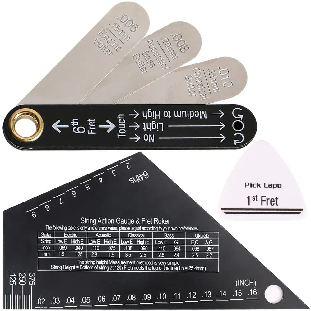 Set di calibro per corda e righello per l'azione delle corde per chitarra ad alta precisione con plettro per una facile configurazione di chitarre elettriche, acustiche, classiche e bassi