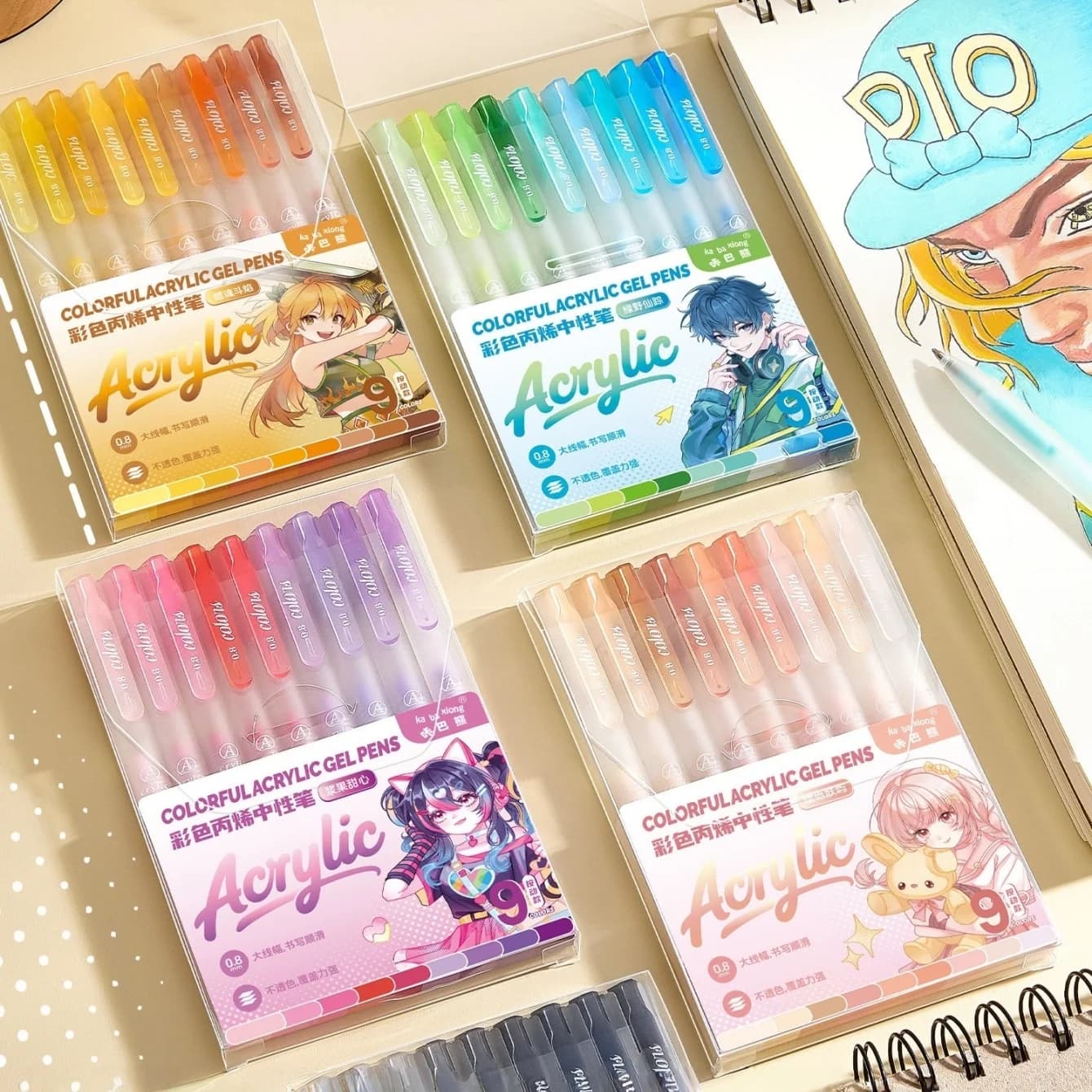 Set di 9 Penne Gel Acriliche Colorate, Evidenziatori e Penne da Disegno Retrattili, Design Anime in Colori Pastello, Punta 0.8mm A3234