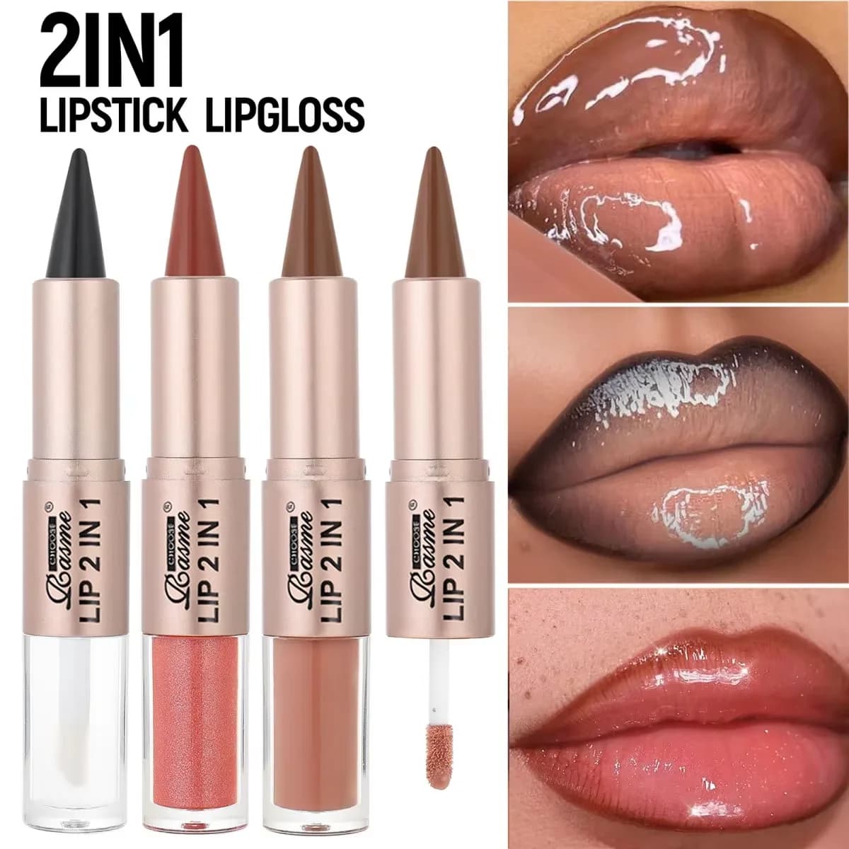 Matita per Labbra 2 in 1 con Sfumatura Sfuma, Lucidalabbra Effetto Specchio Marrone Nude, Matita per Contorno Labbra Opaca Impermeabile Non Appiccicosa