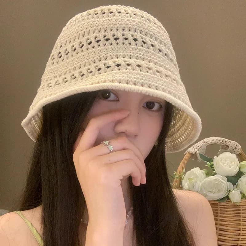 Japanese Pure Color Knitted Hollow Fisherman Hat Female Summer Sun Shield Hat Basin Hat