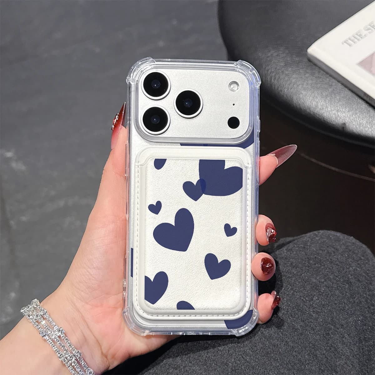 Navy Blue Hearts Phone Case For iPhone 17 16 15 14 13 Pro Max Plus Wallet Pocket Transparent Soft TPU for Magnetic Phone Case