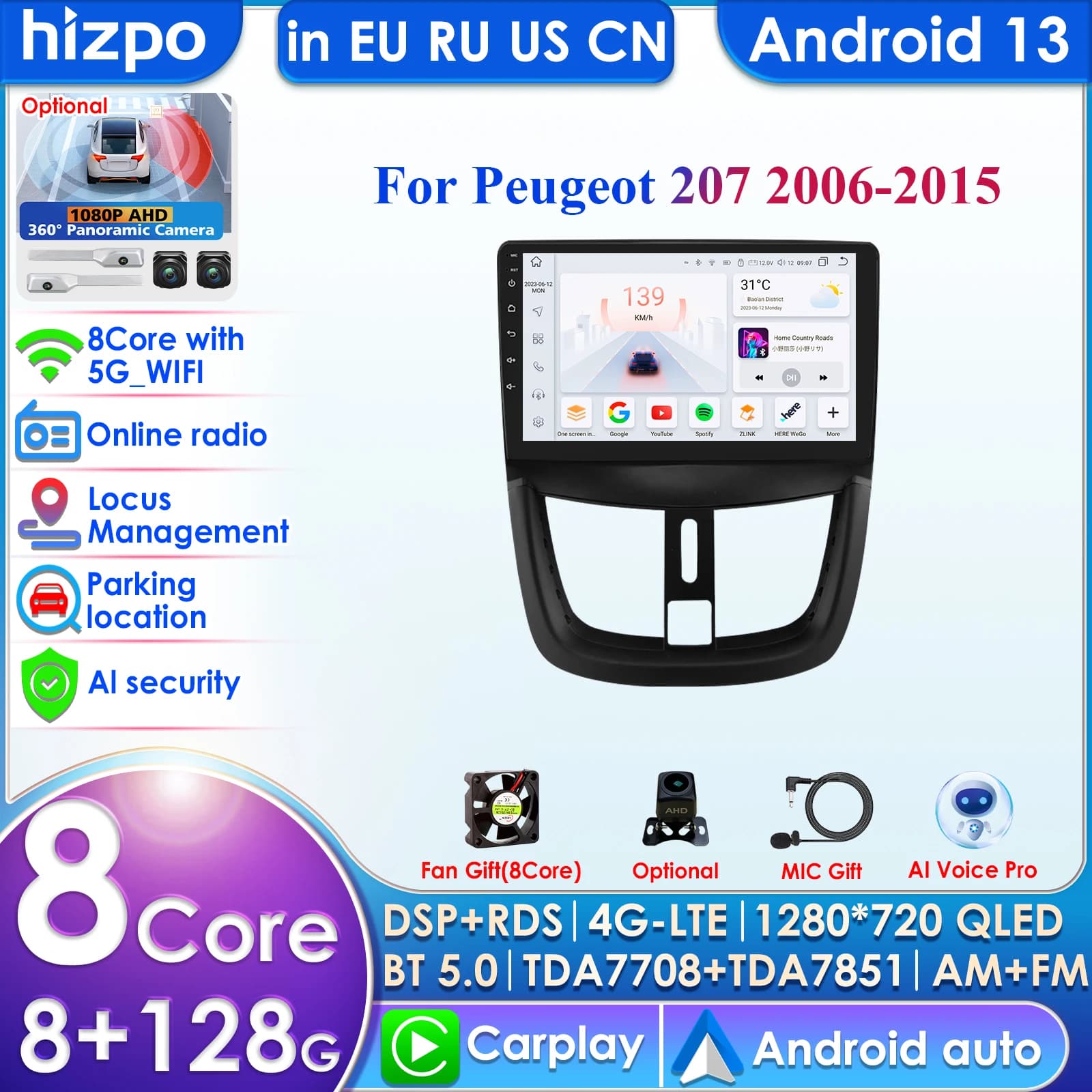 AutoRadio Android 14 Autoradio Lettore Multimediale per Peugeot 207 CC 207CC 2006 2007 2008 2009 2010 - 2015 2Din GPS Video Stereo