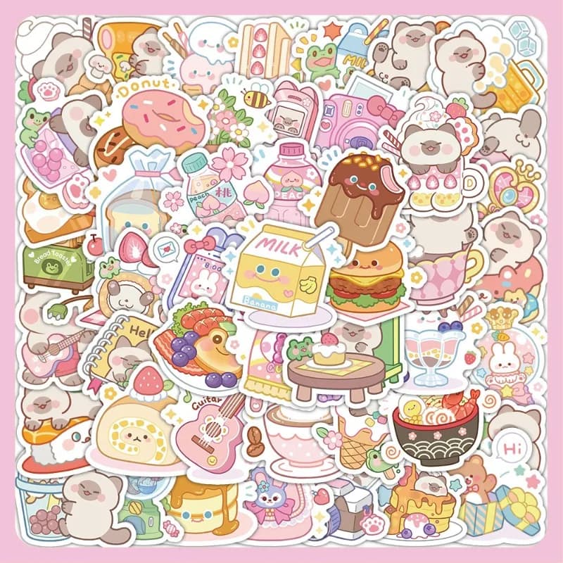 60pcs/set Sweet Cartoon Animal Scrapbook Sticker Kawaii Dessert Kitten Journaling Sticker DIY Decor Stationery Laptop Sticker
