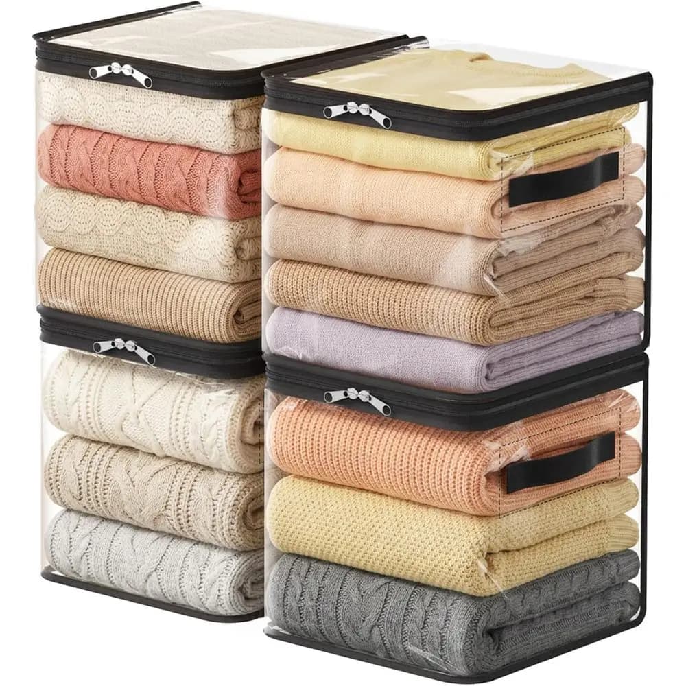 4-Pack Clear Clothes Storage Bags, 18L Zippered Sweater and Blanket Organizers for Moving and Storing