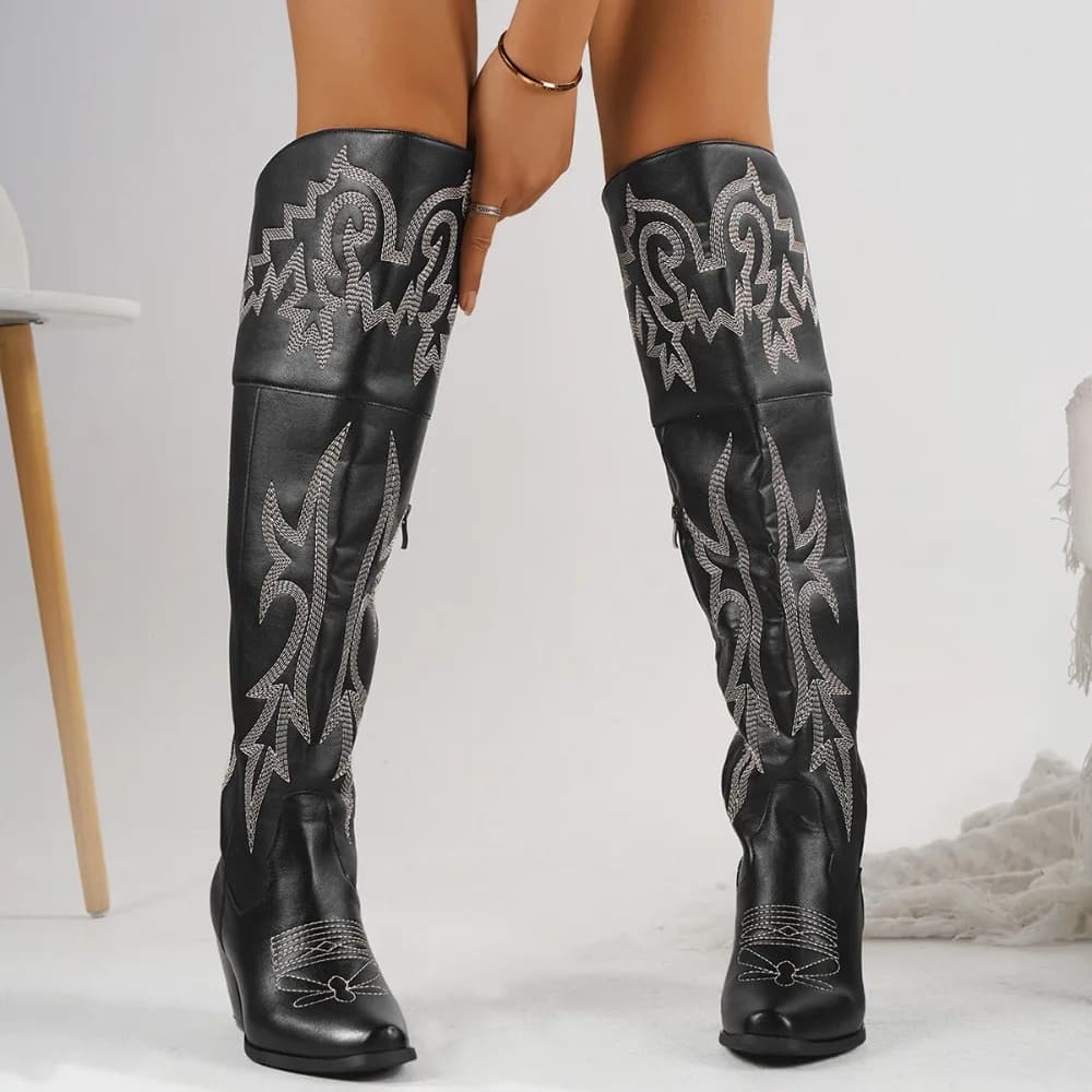 Stivali al ginocchio da donna 2026 Nuovi stivali da cowboy western sopra il ginocchio con cerniera laterale Stivali lunghi da donna con tacco alto