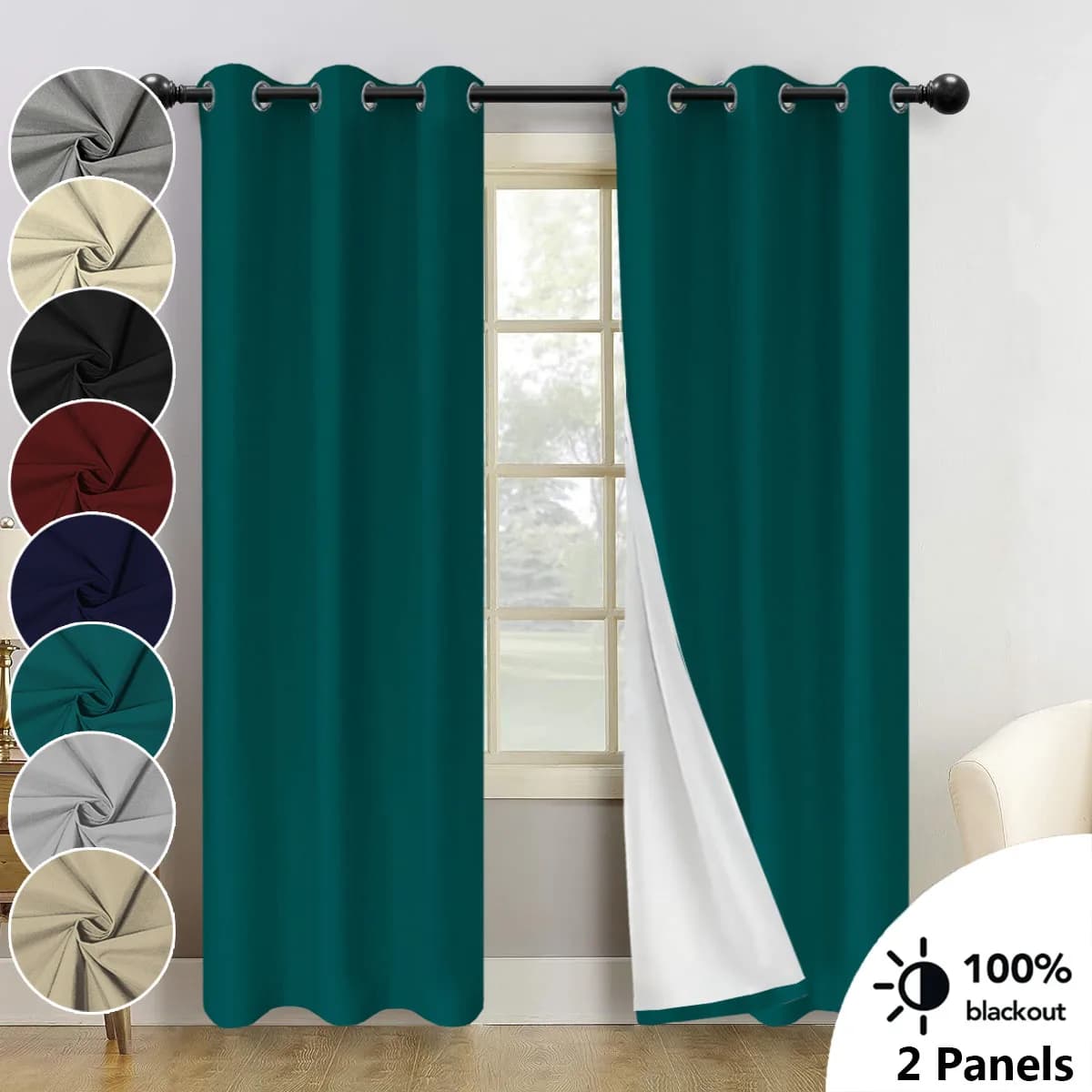 2 pezzi, Top con occhiello, 100% tende per isolamento acustico con isolamento termico oscurante con rivestimento bianco, adatto per soggiorno camera da letto