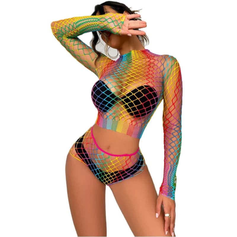 Lingerie sexy senza cavallo aperta a rete Lingerie di cotone arcobaleno Intimo sessuale a righe Abito erotico Body Collant Regalo fidanzata