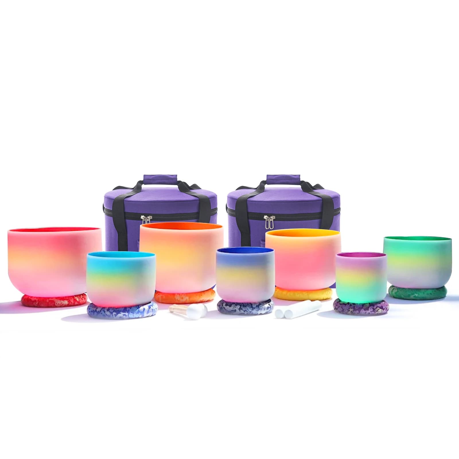 Set di 7 Ciotole Sonore in Cristallo di Quarzo Arcobaleno Hye-eun da 6-12 Pollici, Ciotole Chakra Satinate per Terapia del Suono con Borse e O-ring in Seta