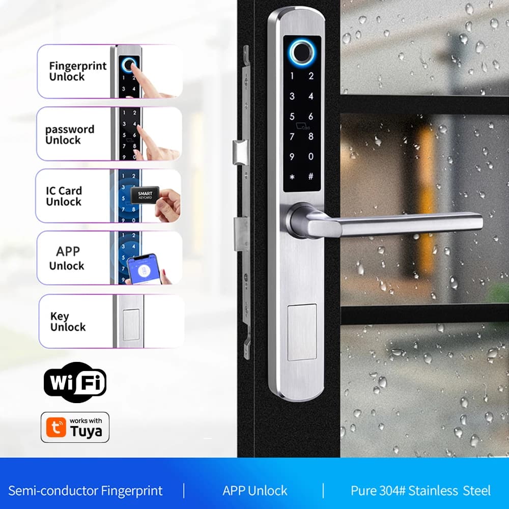 WiFi Smart Lock for Aluminum Hinged Doors Works with Tuya App Fingerprint Password IC Card Key Unlock Electronic Security Lock