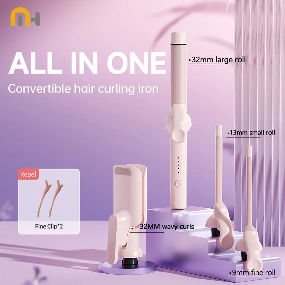 Bigodino per capelli con teste intercambiabili - Set di bacchette per ferro arricciacapelli con barili in ceramica da 9 mm/13 mm/32 mm, strumento per lo styling con asta a rullo multi-dimensione