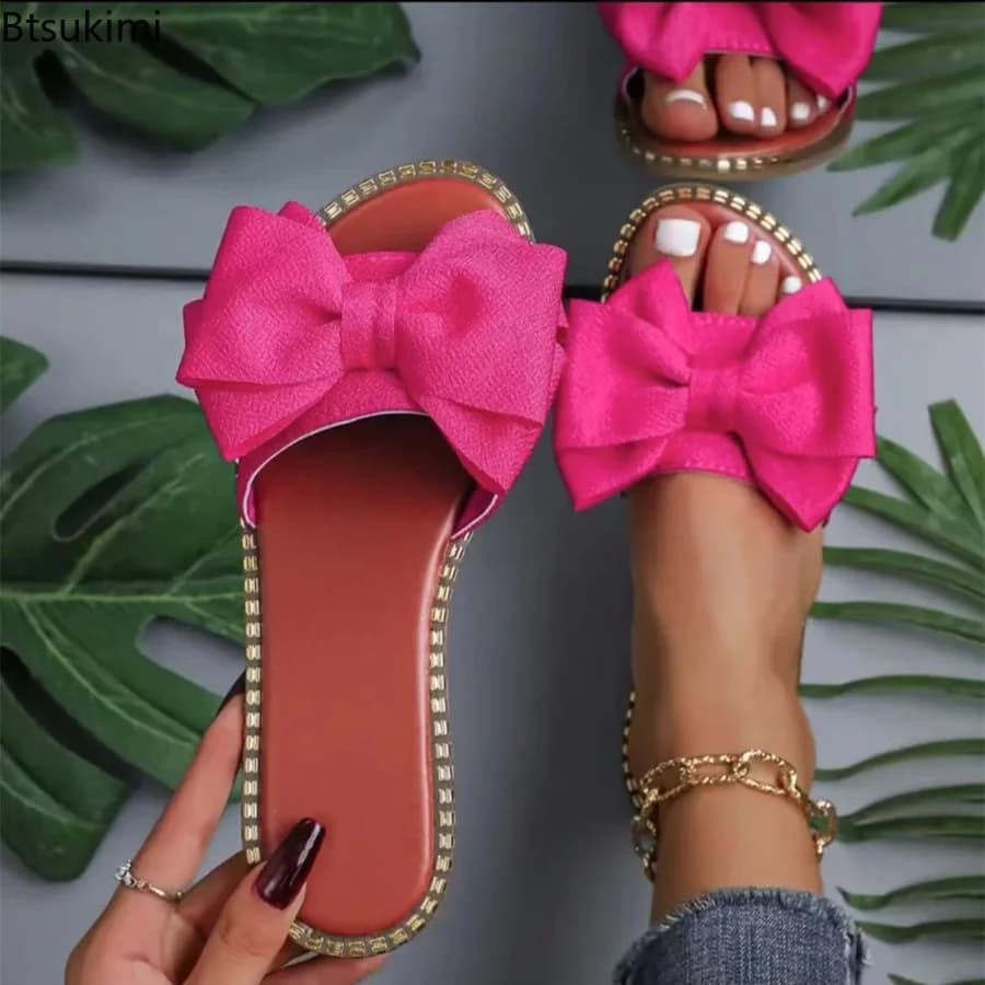 New Fashion Women Slippers Outdoor Sandals Summer Trend Bow Shoes Women Flat Plus Size Versatile Slippers Lightweight Slides