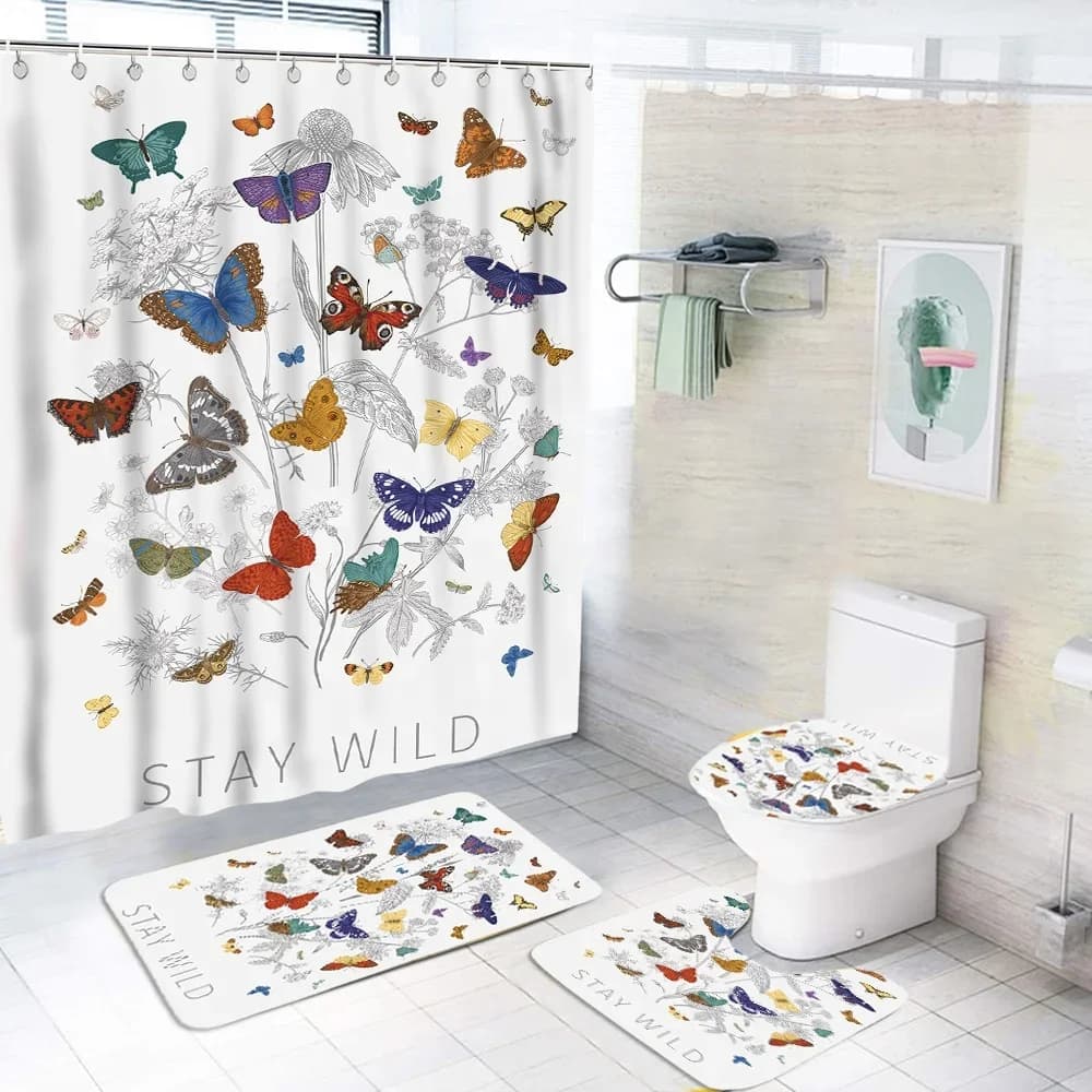 4 Pcs Hot Selling Polyester Waterproof butterfly Design Shower Curtain Set With Bath Mat Rug Set for Bathroom Hot Sale