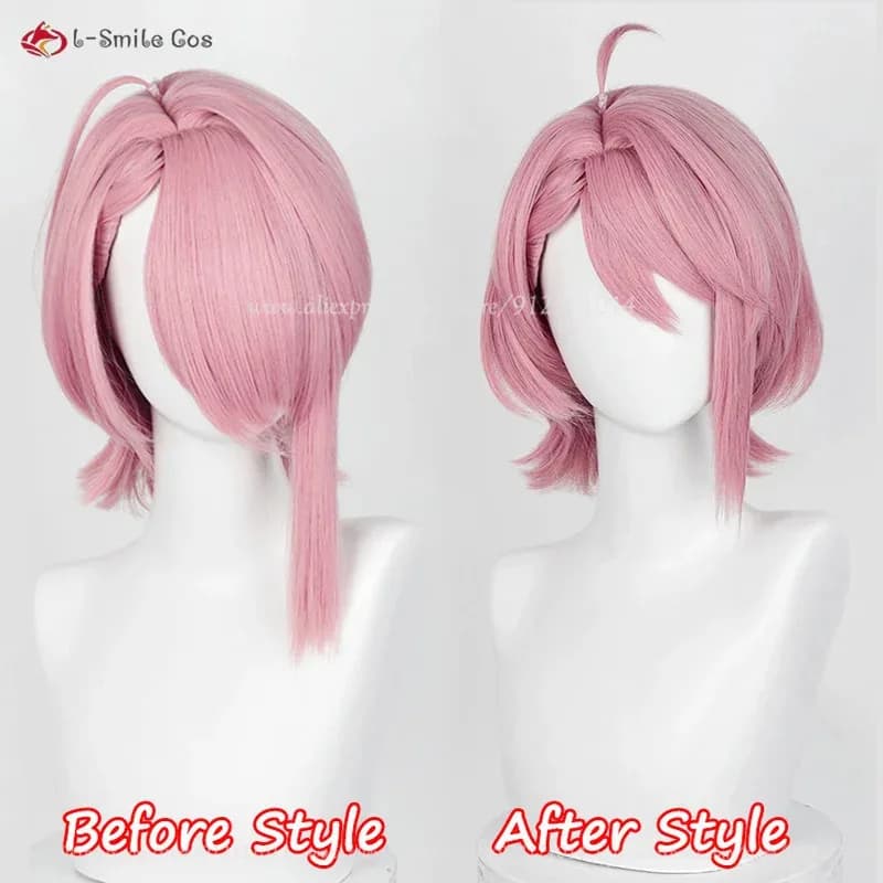 Anime Shiratori Aira Cosplay 33 cm corto rosa simulato cuoio capelluto resistente al calore capelli sintetici parrucche di Halloween + cappuccio per parrucca