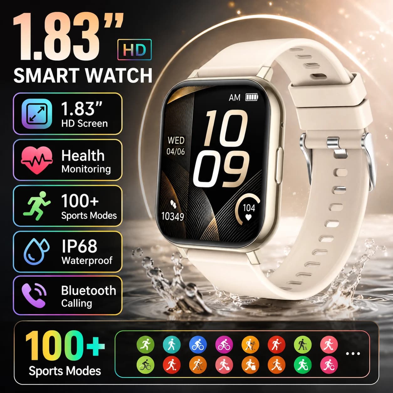 LIGE Nuovo Smartwatch HD da 1,83 pollici per donna e uomo, monitoraggio della salute, impermeabile, chiamate Bluetooth, modalità multi-sport, per Android iOS
