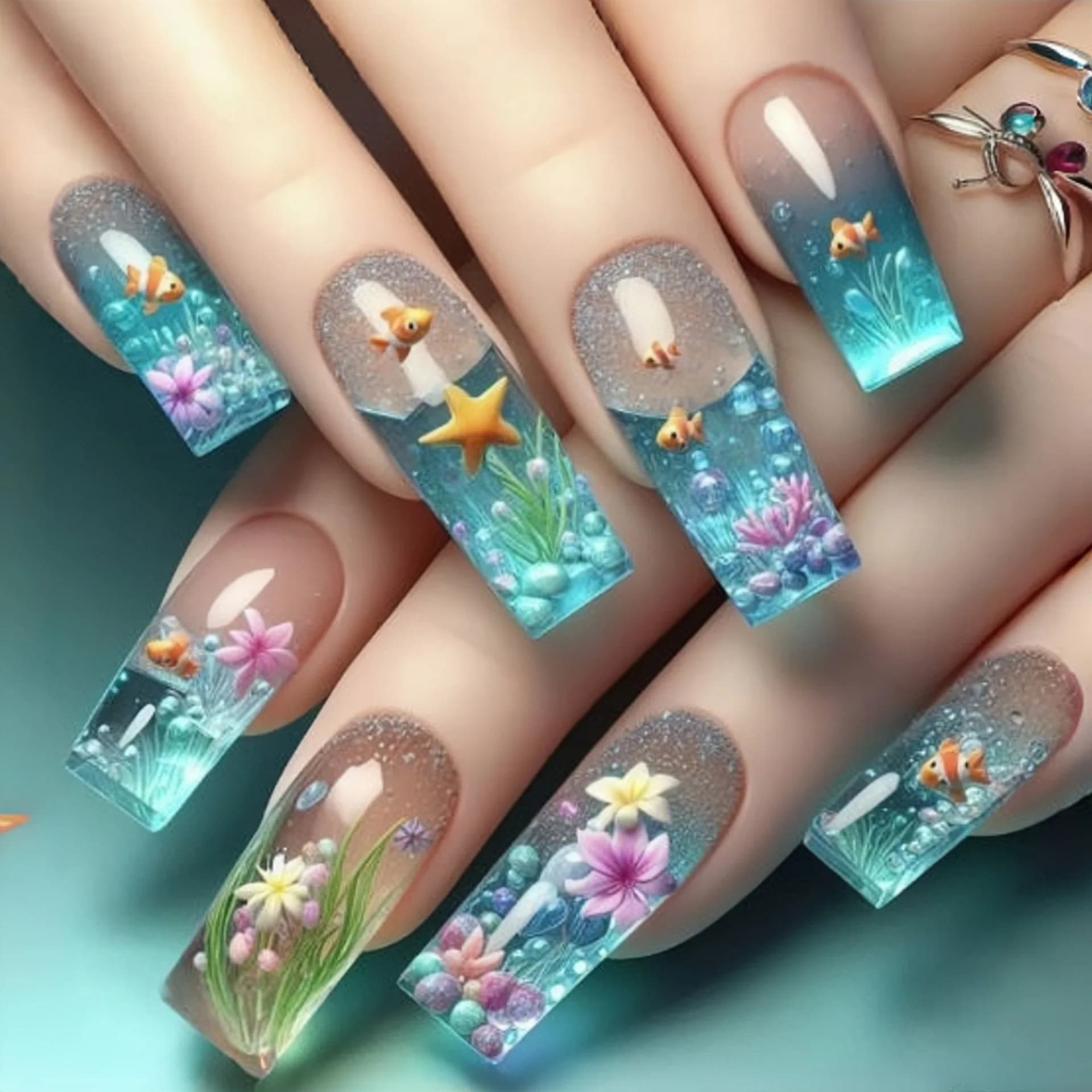24 pcs/set Mid-Length Long Nails Blue Floating Ocean Fish Sun Flowers Butterfly Square Ballet Summer Tips Press On Fin nails