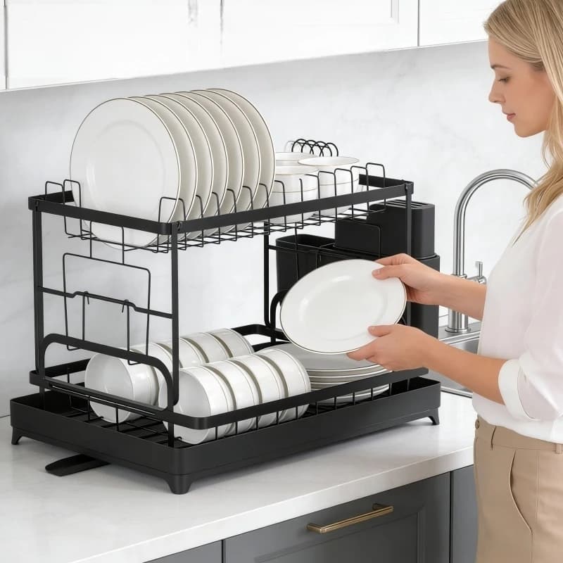 Scolapiatti a 2 livelli grande in acciaio inossidabile con vassoio raccogligocce per piano cucina, porta piatti e tazze