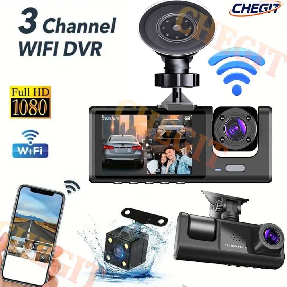 WIFI APP 3 canali Car Dvr Dash Cam per veicolo 1080P Registratore Video Telecamera interna anteriore Dashcam Black Box Accessorio per auto