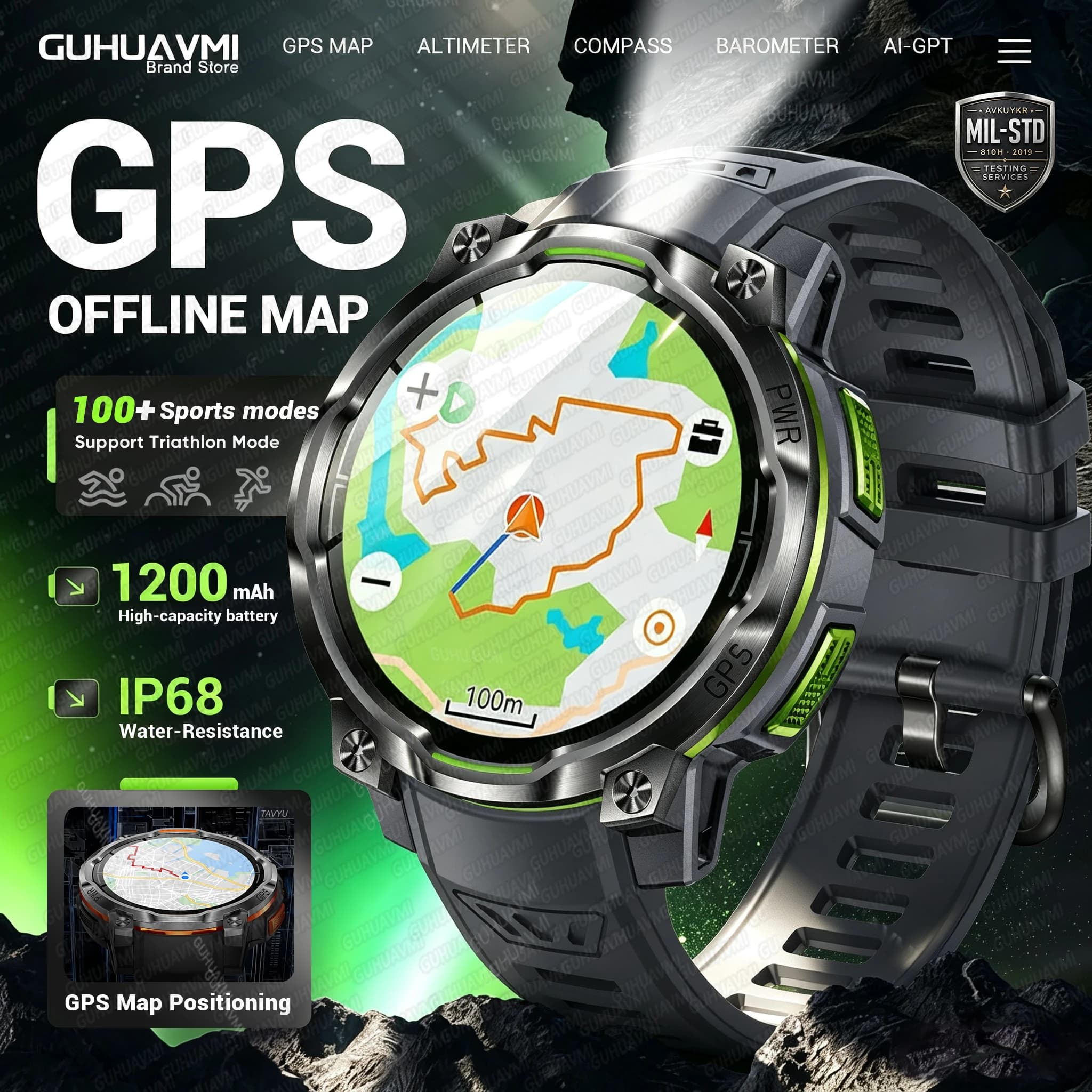 New GPS Offline Map Outdoor Sports Smart Watch 1200mAh Battery LED Flashlight IPX8 Waterproof Compass Swim Military Smartwatch