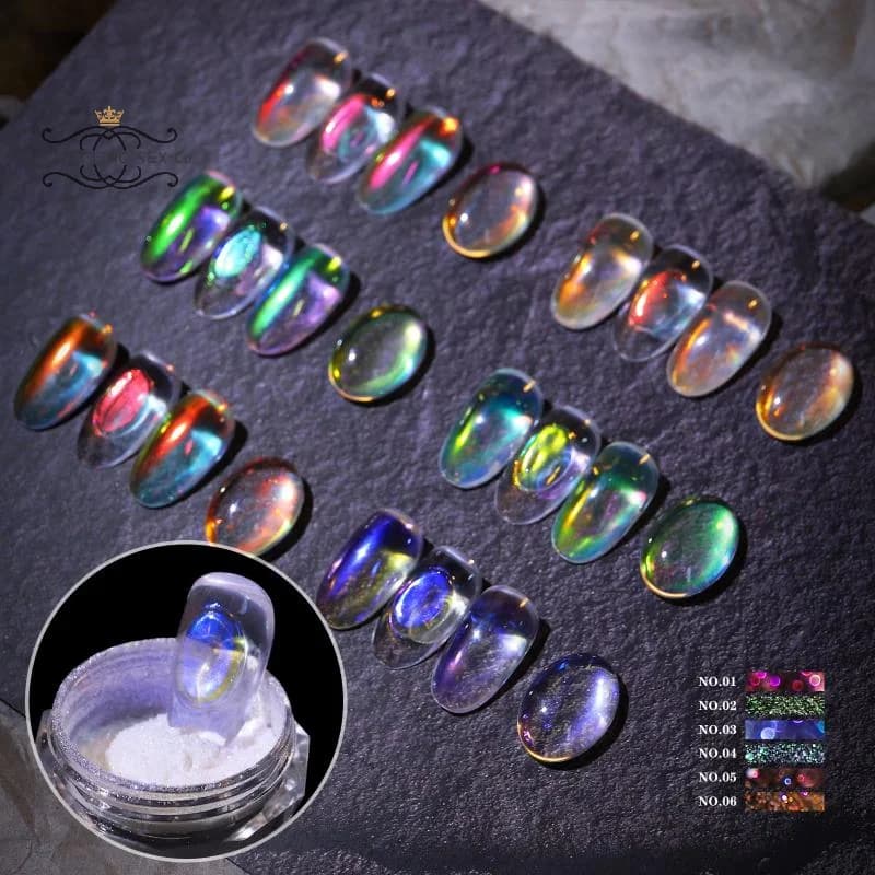 Glitter per unghie Aurora Ice Laser trasparente Arcobaleno Specchio Gel Pigmento in polvere Cromo Fascino per unghie Gel Smalto Decorazione artistica Forniture
