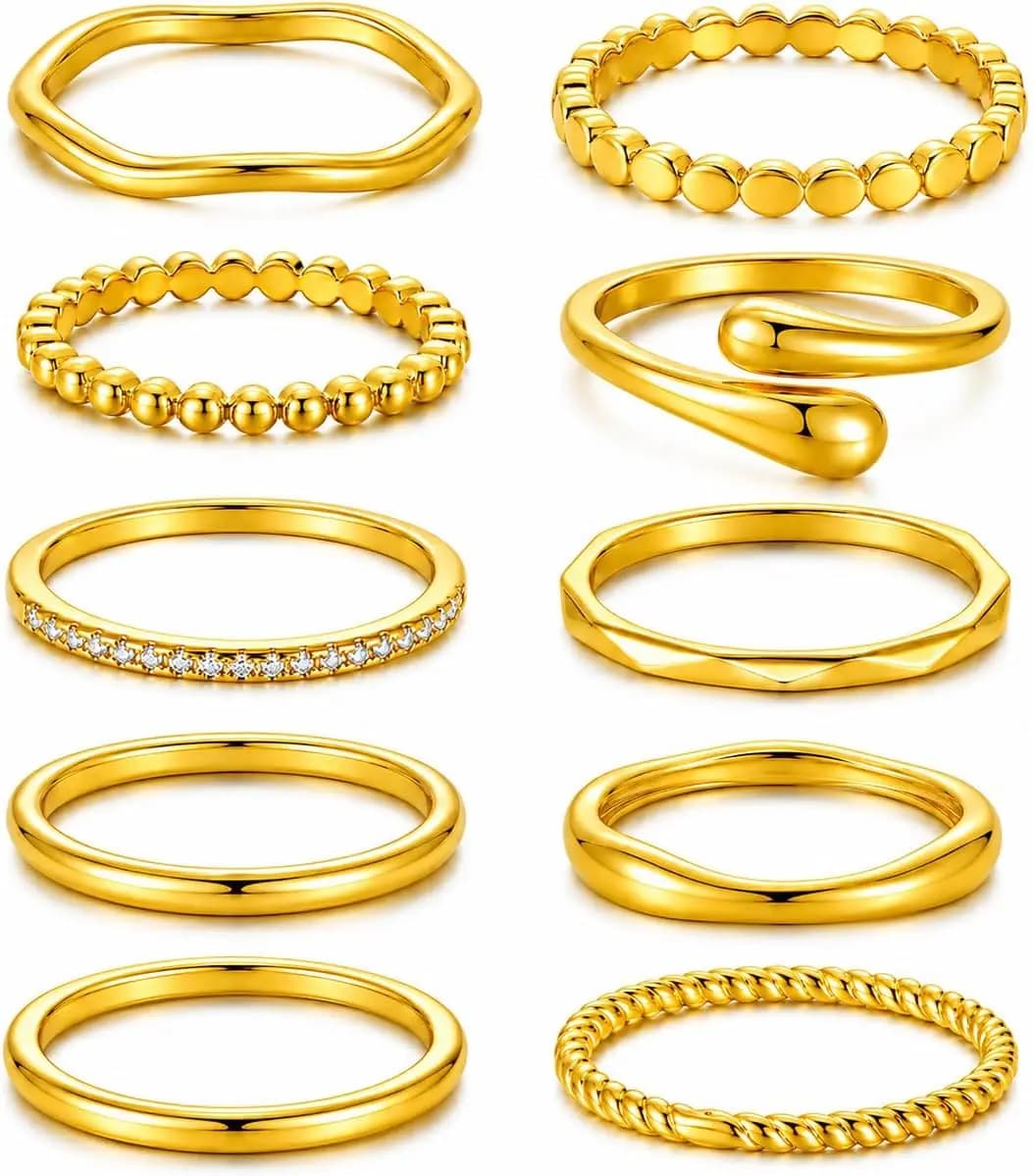 8 Pcs 14K Gold Plated Stackable Rings Set for Women, Dainty Sparkling Cubic Zirconia Statement Rings, Non Tarnish Engagement Wed