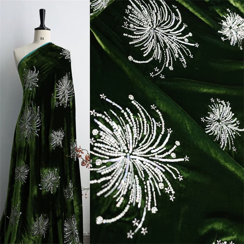 Deep Green Autumn/winter Silk Velvet Nail Bead Embroidery Flower Jacket Vest Fashion Designer Silk Fabric Satin Sewing Material