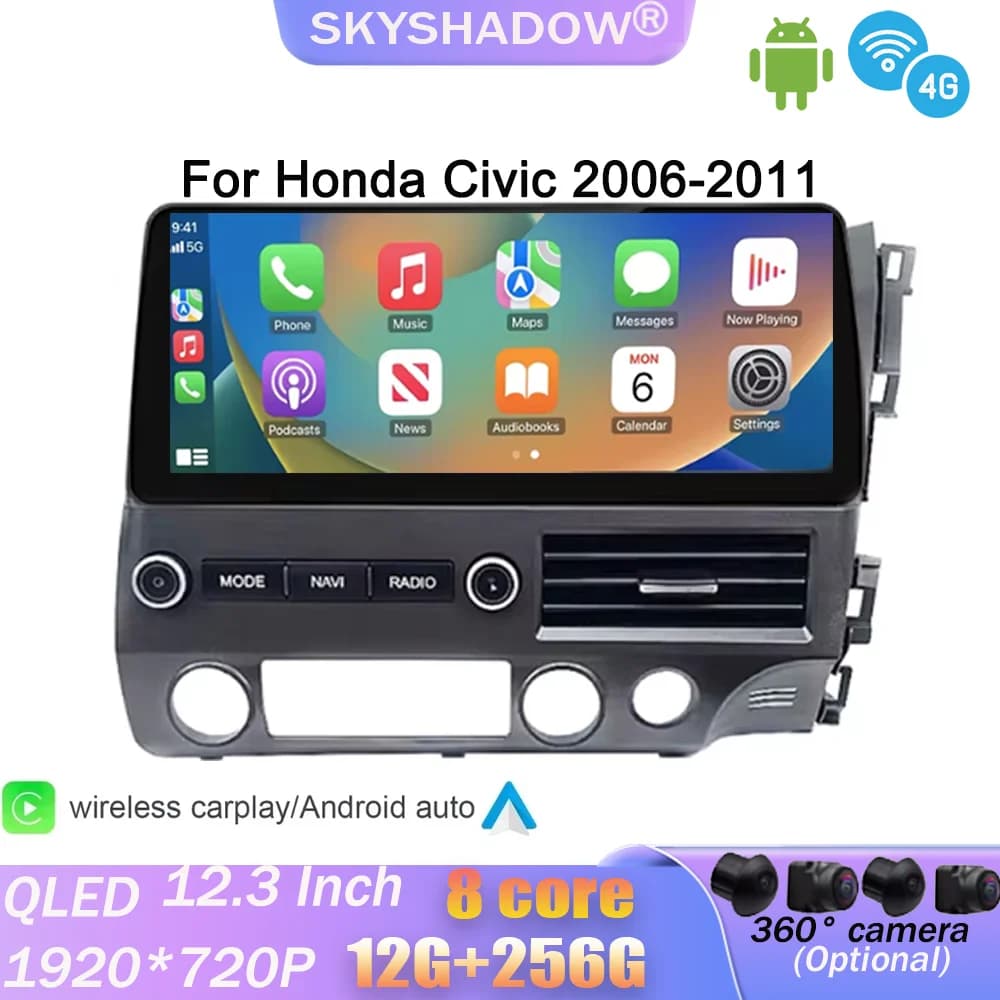 12.3 "Android 14.0 CarPlay GPS Per Honda Civic 2006-2011 di Navigazione 4G WiFi Bluetooth DSP RDS Stereo Lettore Multimediale Auto Radio