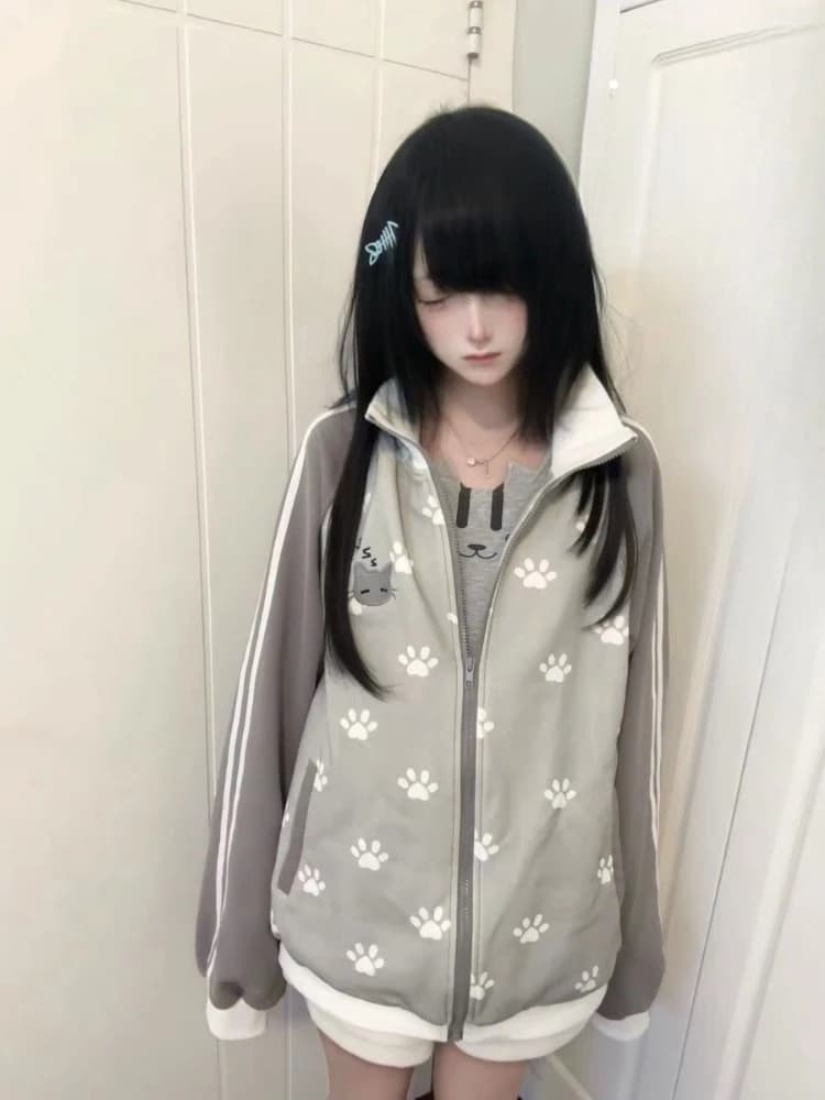 Y2k Japanese Style Kawaii Print Hooded Sweatshirts 2000s Harajuku Vintage Preppy Style Hoodies Autumn Casual Loose Sweet Coats