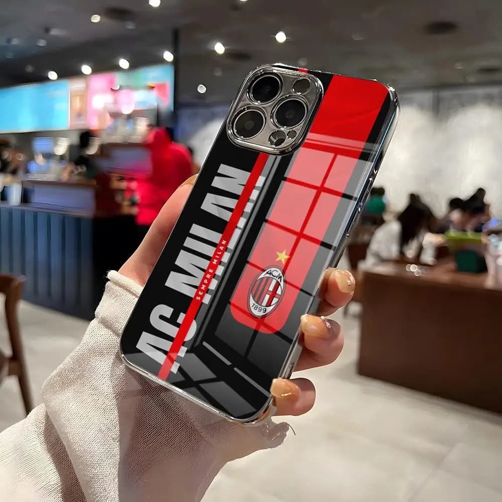 AC M-Milan-S Phone Case For IPhone 17 Pro Max 15 Pro 16 14 Plus 12 13 Mini 11 Pro Shockproof Electroplated Glass Cover
