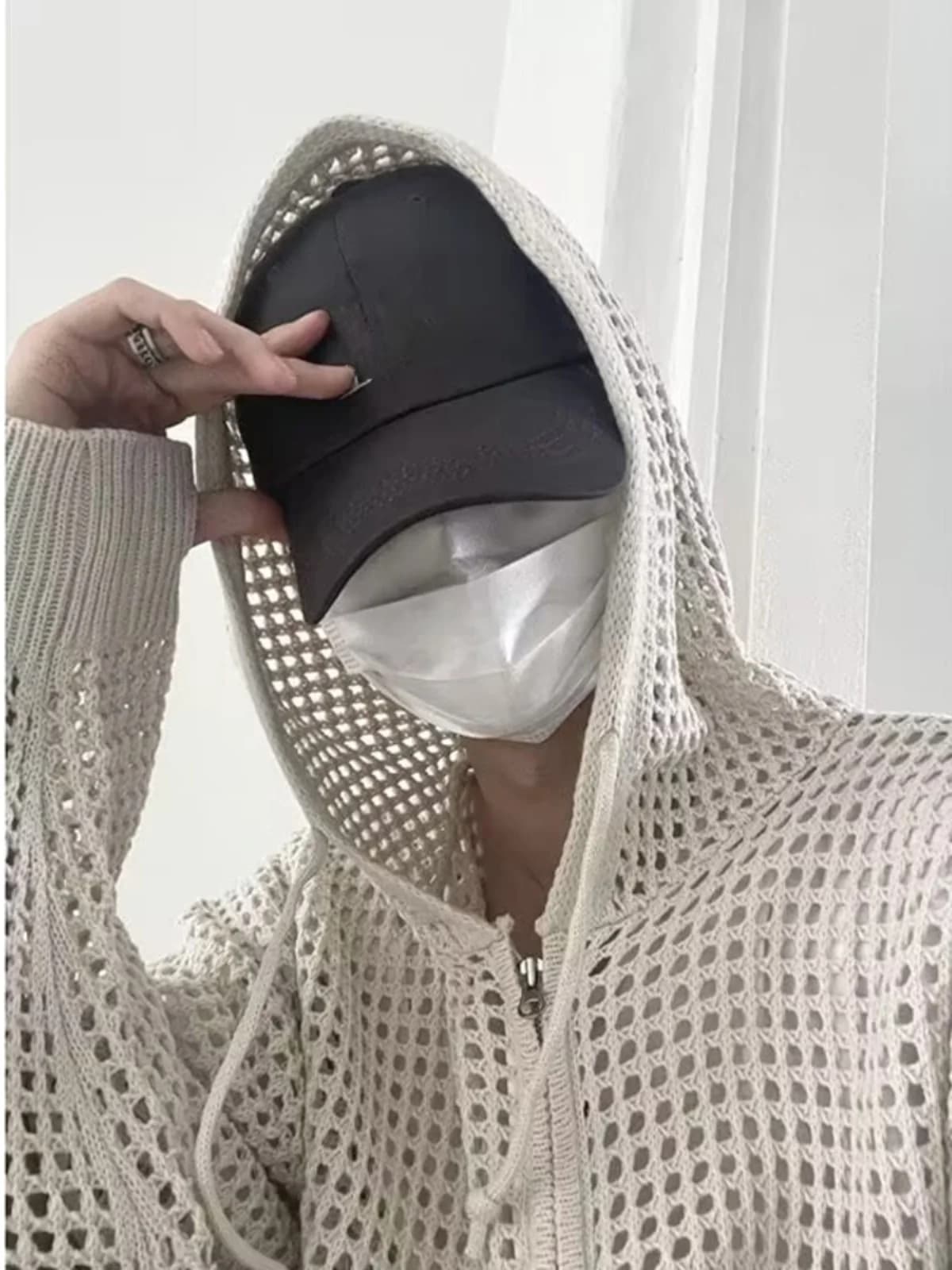 Hollow out Knitted Hat Men's Loose Zipper Open Cardigan Lazy Sle Me Sun Protection Outerwear Breathable Casual Hoodie