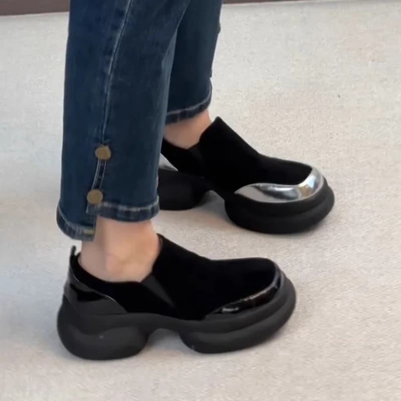 Scarpe da donna con plateau e suola spessa, in pelle smerigliata, con punta tonda, semplici e comode
