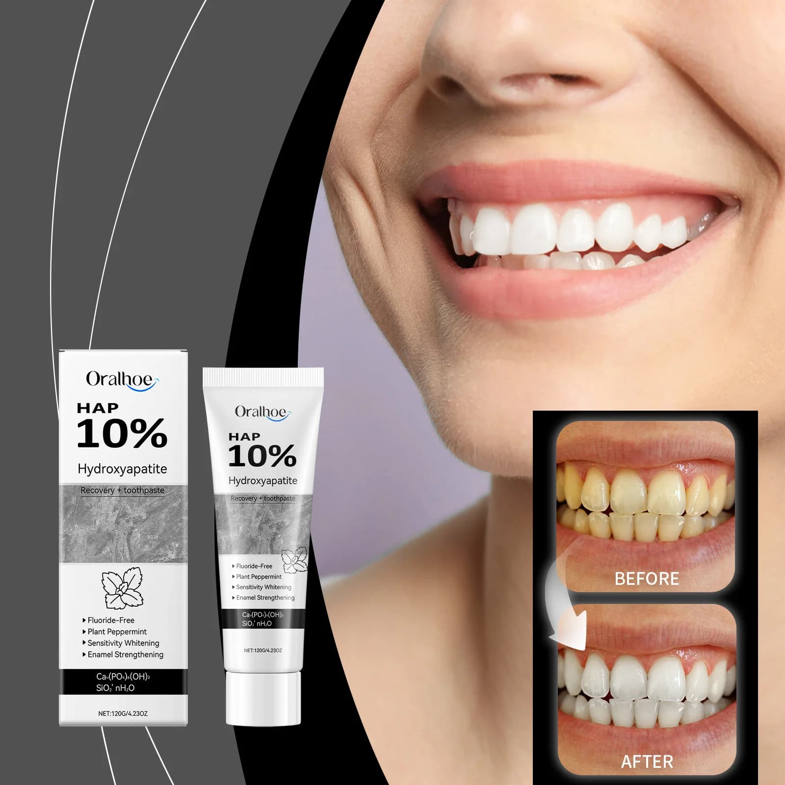 Idroxyapatite W-biancimento dei denti Dentifricio Smalto Riparazione Igiene orale Pulizia Rimozione macchie Alito fresco Dentifricio schiarente