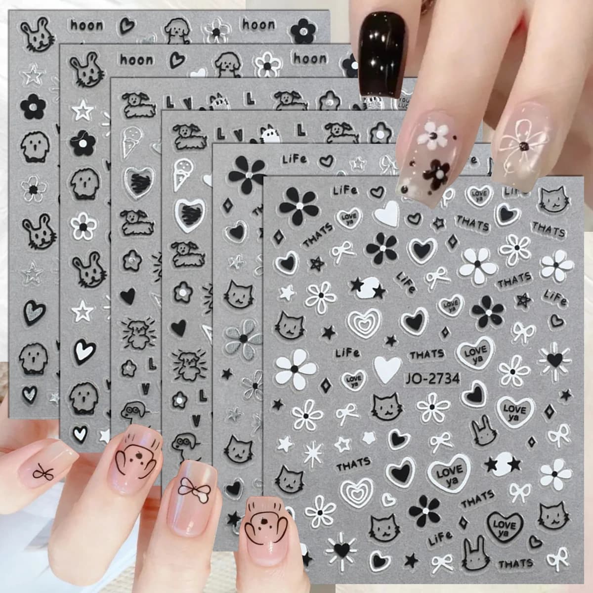 2 to 12 Sheets 3D Black White Cartoon Animal Nail Stickers Bunny Cat Puppy Heart Flower Bow Star Self Adhesive Nail Art Decals