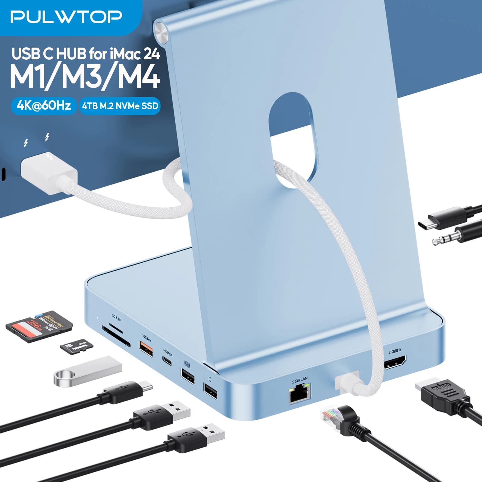 PULWTOP Upgraded 11 in 1 USB C Hub for iMac 24 inch USB Hub M1 M3 M4, Support M.2 SSD, 4K HDMI, Ethernet, USB A/C 10Gbps, SD/TF