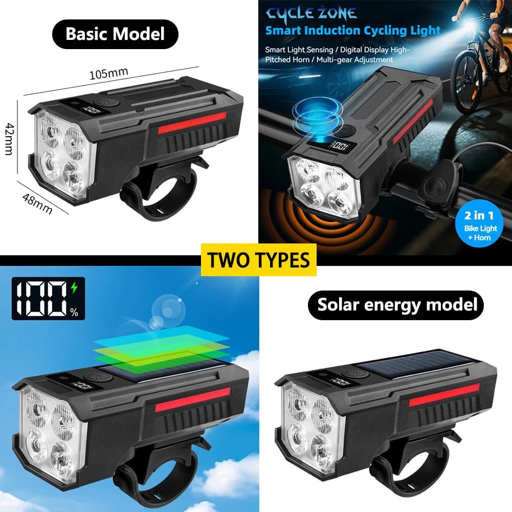 Luce anteriore per bicicletta intelligente Corno elettrico con rilevamento della luce Torcia per bici con display a batteria Accessori per ciclismo