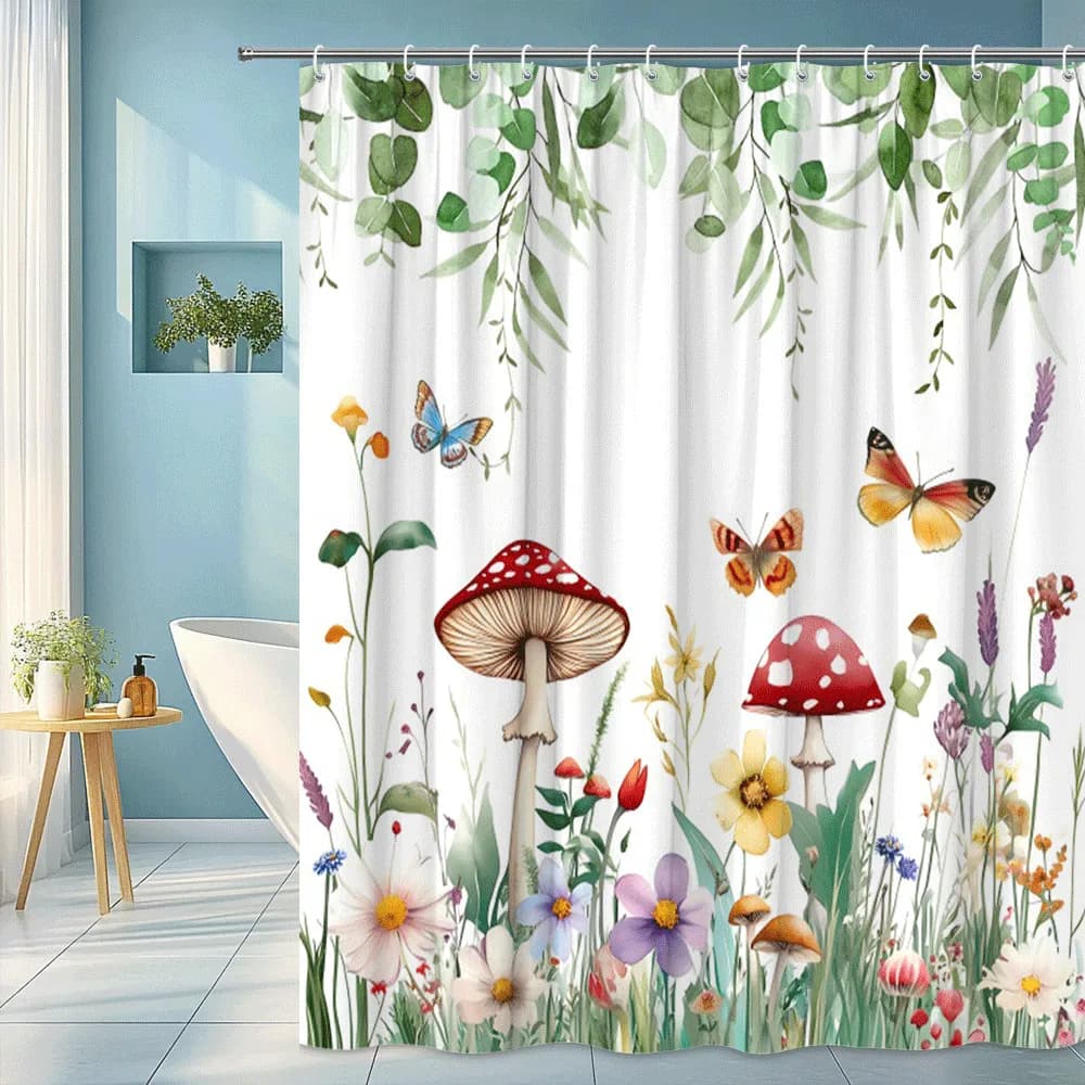 Tenda da Doccia con Motivo a Funghi e Farfalle, Design Floreale Selvatico, Decorazione per Bagno Ispirata alla Natura, in Poliestere Lavabile con Ganci per la Casa