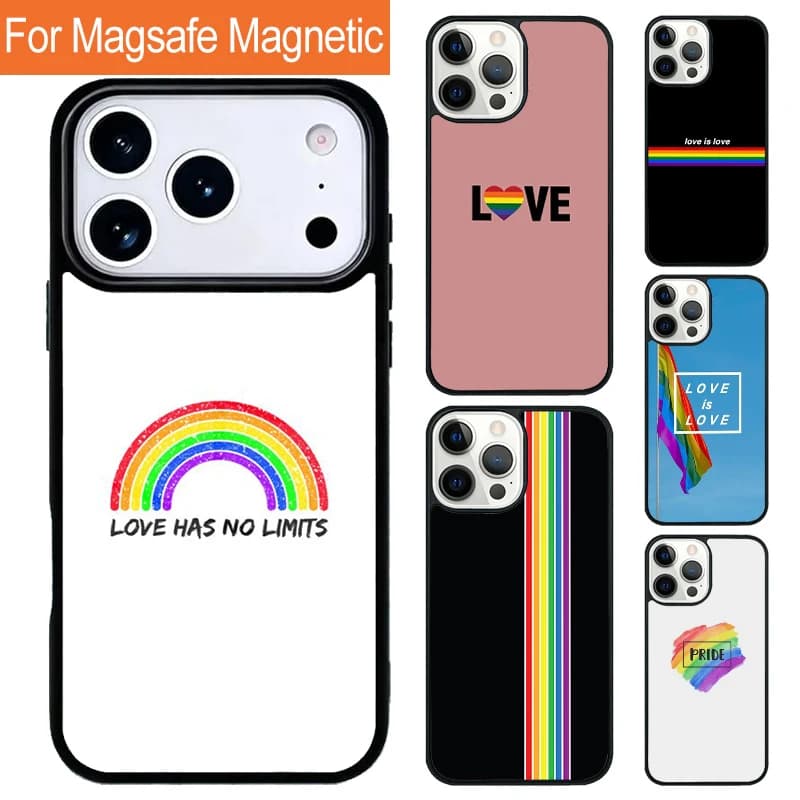 Cover Magnetica per iPhone con Design Arcobaleno LGBT 'Love is Love' per iPhone 17 Pro, 16, 15, 13, 12, 11 Pro Max, Air 14 Plus, Compatibile con Magsafe