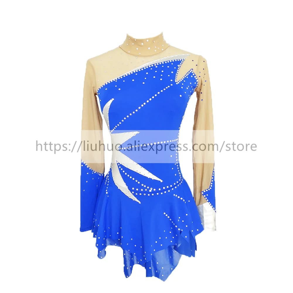 LIUHUO Pattinaggio di Figura sul Ghiaccio Vestito da Donna Ragazza Blu Competizione Performance Costume Body da Ballo Ginnastica Ritmica Gonna per Adolescenti
