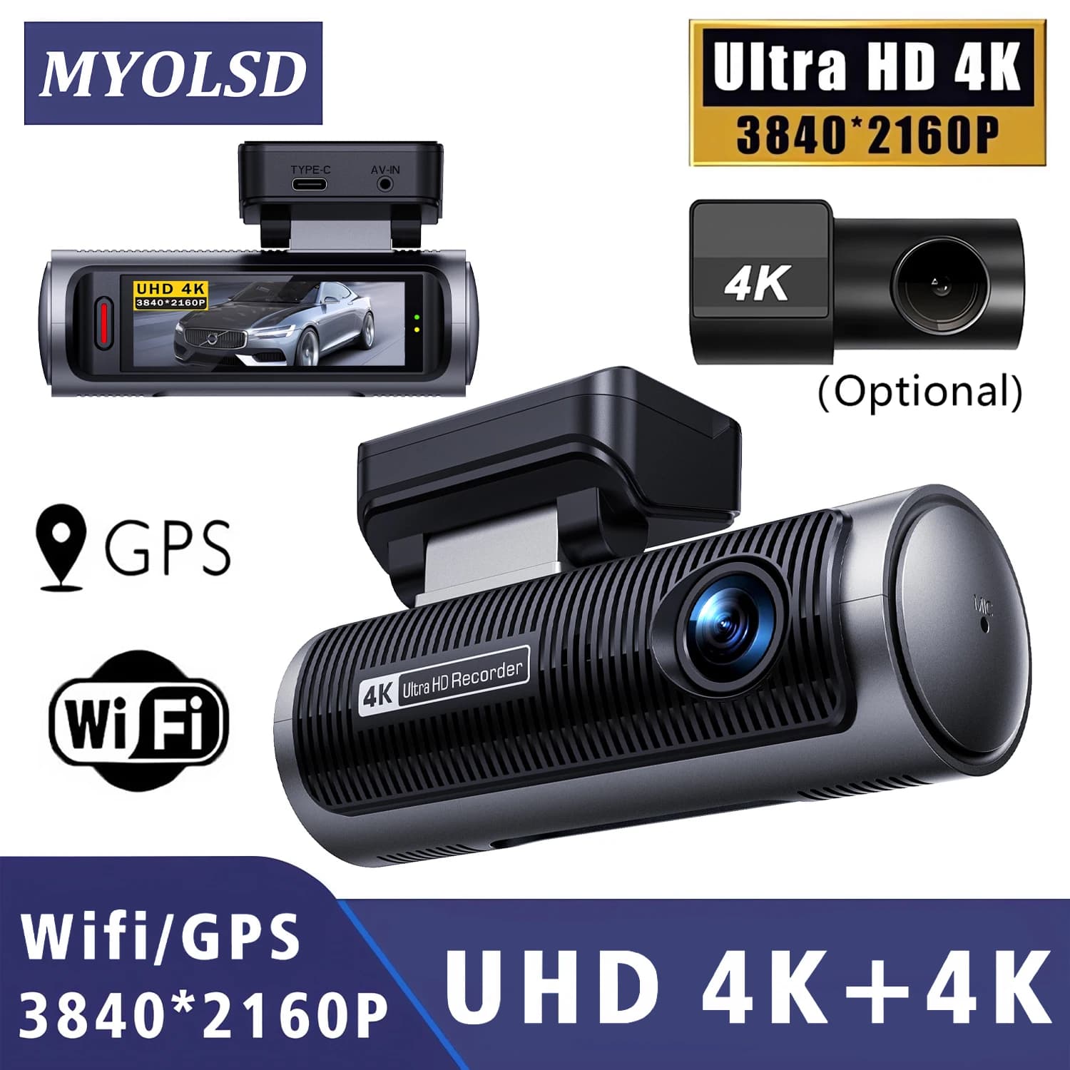 Dash Cam a Doppia Lente 4K+4K, Telecamera per Auto DVR con Visione Notturna, Registratore Video con Wi-Fi 5G Integrato, Supporto GPS, Monitoraggio Parcheggio 24H