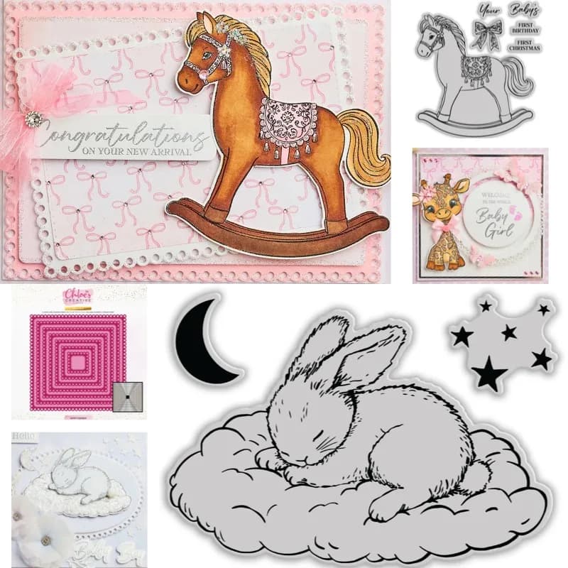 Metal cutting racks and transparent stamps with rabbit pattern sleeping on clouds, for scrapbooking and paperwork