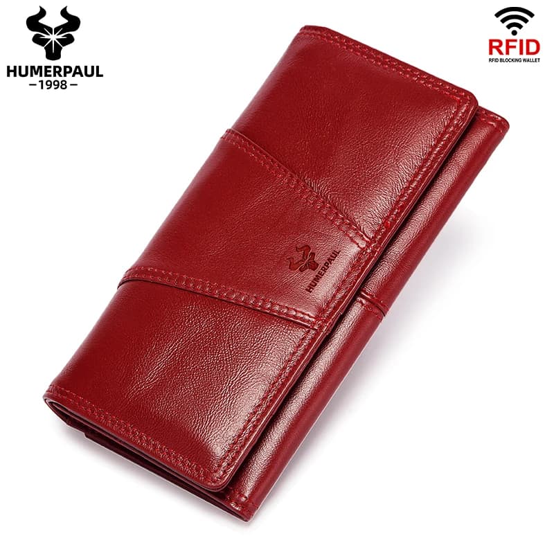 HUMERPAUL Portafoglio da donna Strato superiore in pelle Frizione multi-carta Borsa per soldi per cellulare Porta carte da donna moda Cartera Mujer Rosso