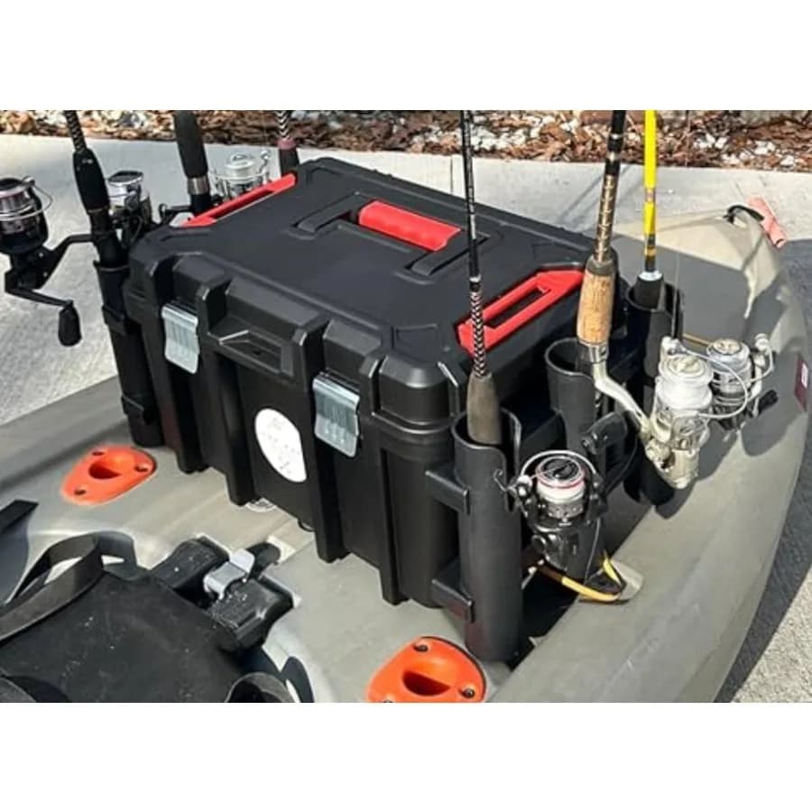 Cassetta da Pesca per Kayak - 6 Portacanne Integrati, Area di Stoccaggio per Accessori e Vassoio con Coperchio Bloccabile - Nessun Montaggio Richiesto