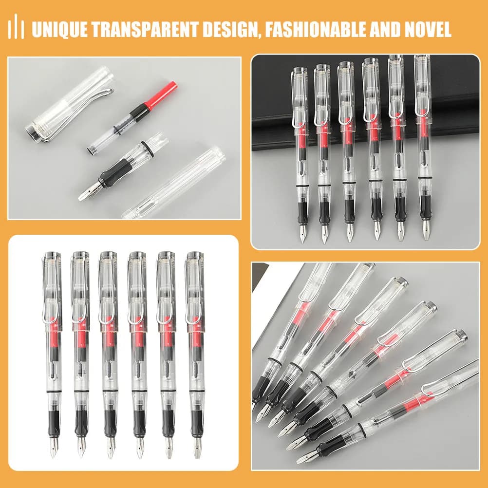 6Pcs Transparent Fountain Pen Set for Calligraphy Writing Drawing Coloring Handmade Art School Office Business Gifts Smooth Flow
