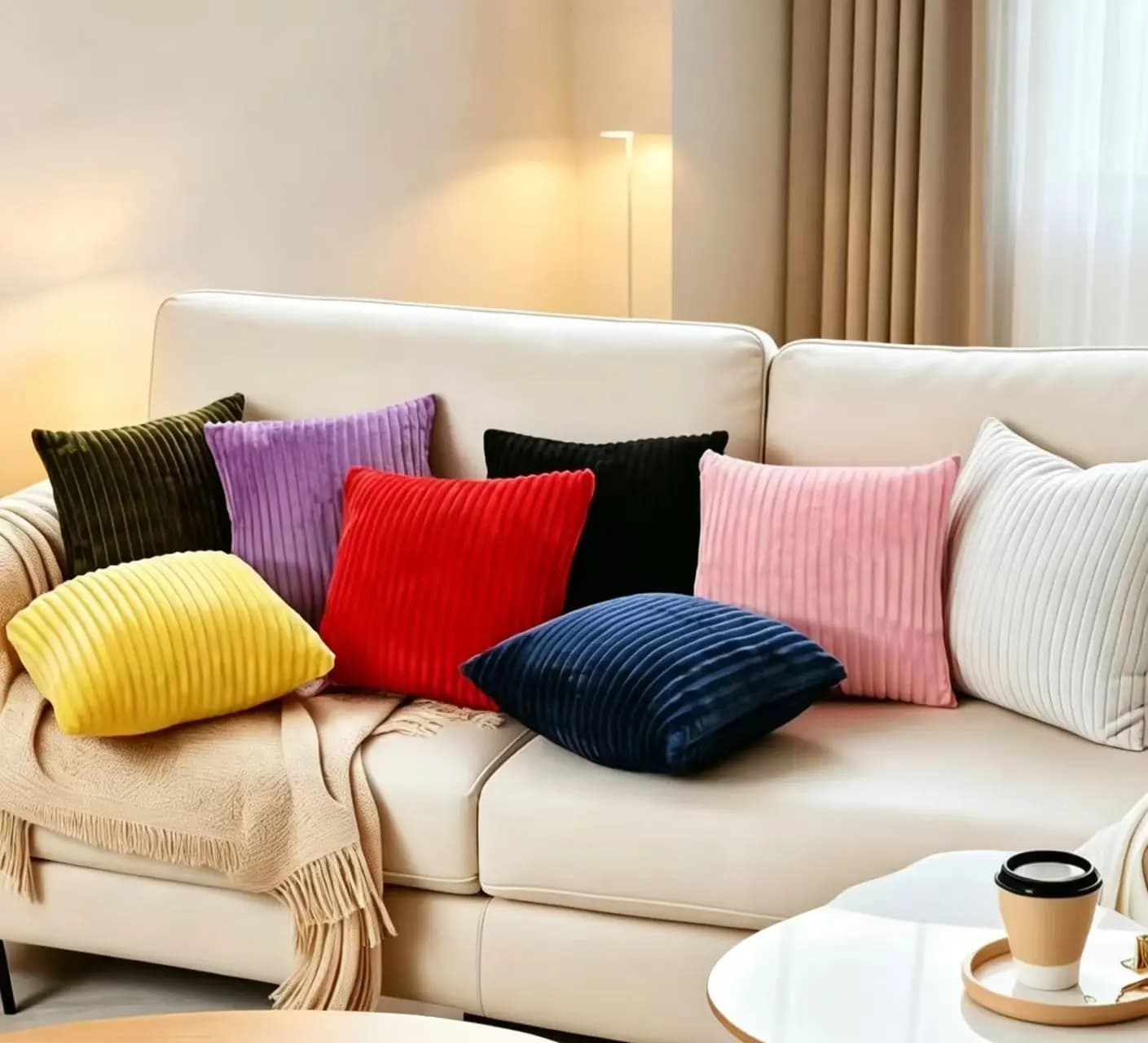Set of 2 Plush Striped Throw Pillow Cases, Mix Colors, Cozy Sofa Cushion Covers