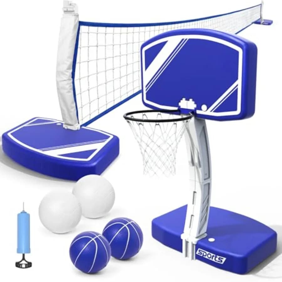 Set 2-in-1 per pallavolo e basket da piscina: base pesata in PVC blu per stabilità, include 2 palloni da pallavolo e 2 palloni da basket