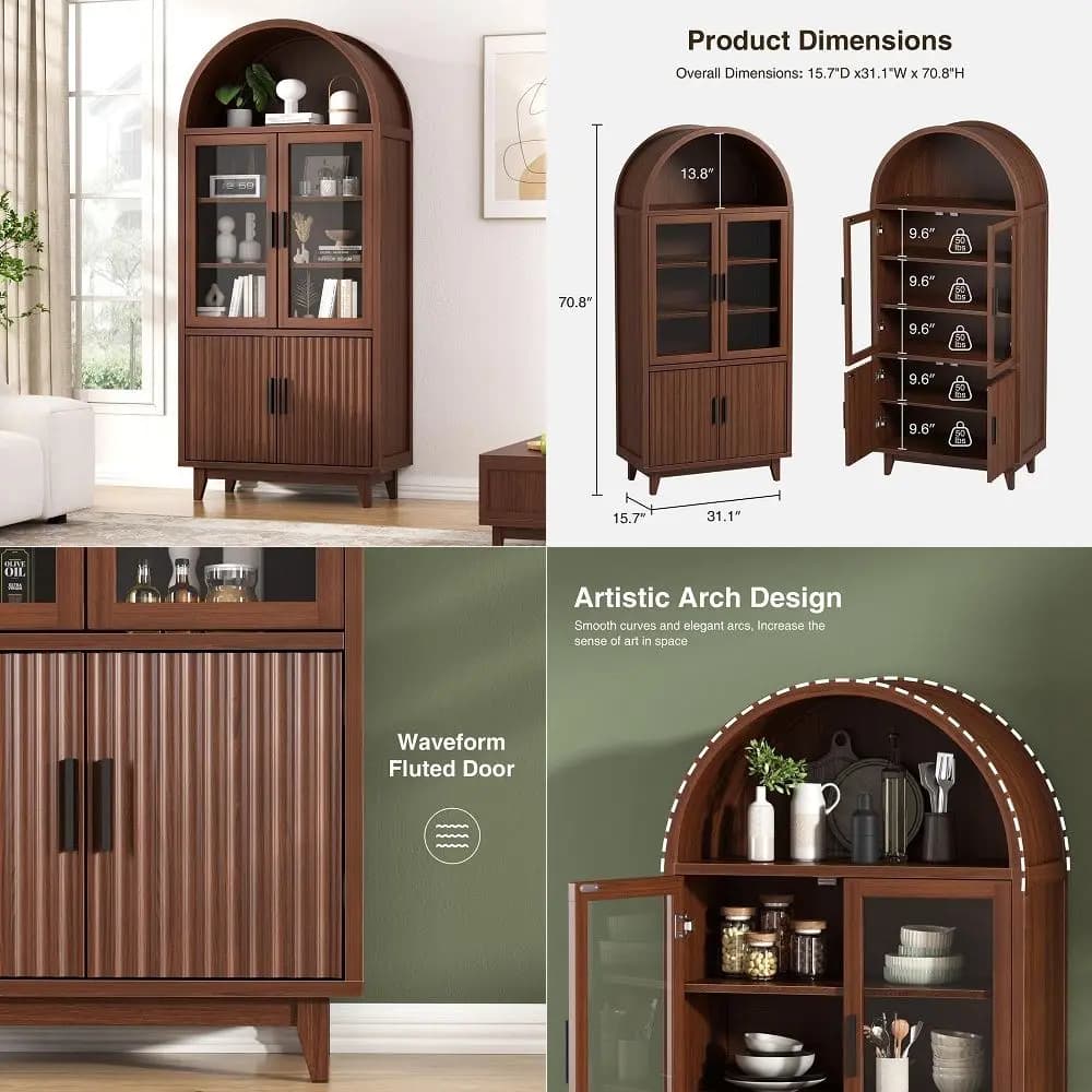 71 Tall Arched Cabinet with Glass Doors, Fluted Pantry Cabinet with Solid Wood Legs, Modern Accent Furniture for Living Room, K